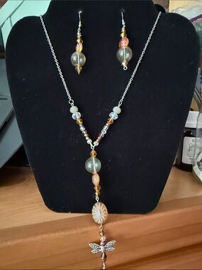 Handcrafted Dragonfly Pendant Necklace and Earring Set - Amber/pink Beads